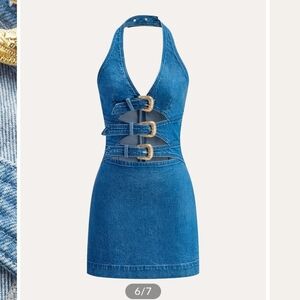 NWT Commense Halter Denim Mini Dress with Buckle Detail Medium Y2k Cult G Gold